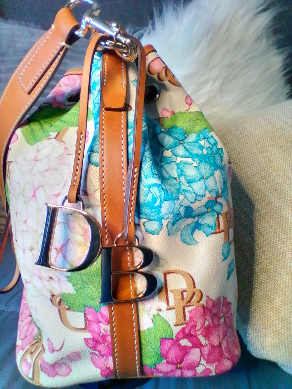 Dooney & Bourke Hydrangea Drawstring Bucket Bag in Pink, Teal & Cream - Picture 12 of 14